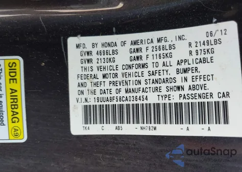 2012 Acura Tl 3.5 из США, поврежденный, VIN 19UUA8F58CA036454